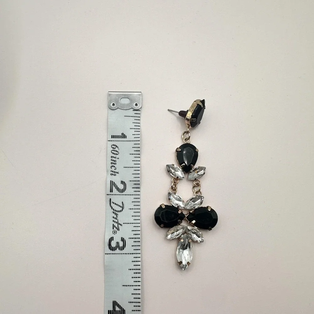 Vintage 90s Gold Tone Dangle Earrings Black &Clear Glass Women's Fashion Jewelry